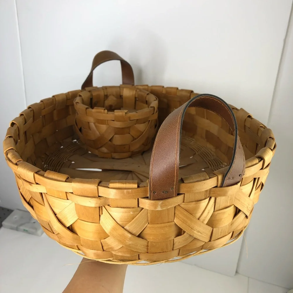VTG Oval Wood Woven Basket Tray Faux Leather Handles w/ Round Organizer Dividers